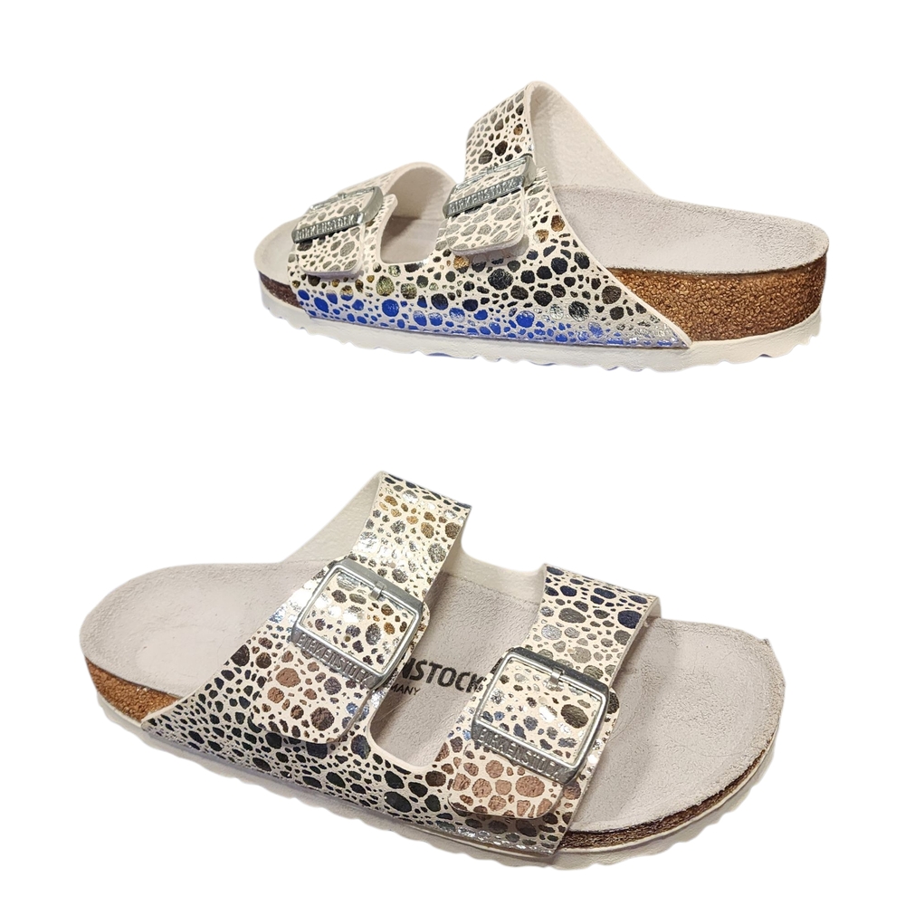 Birkenstock Arizona Womens Slide Sandals in Metallic Silver Stones sz 39 (NIB)